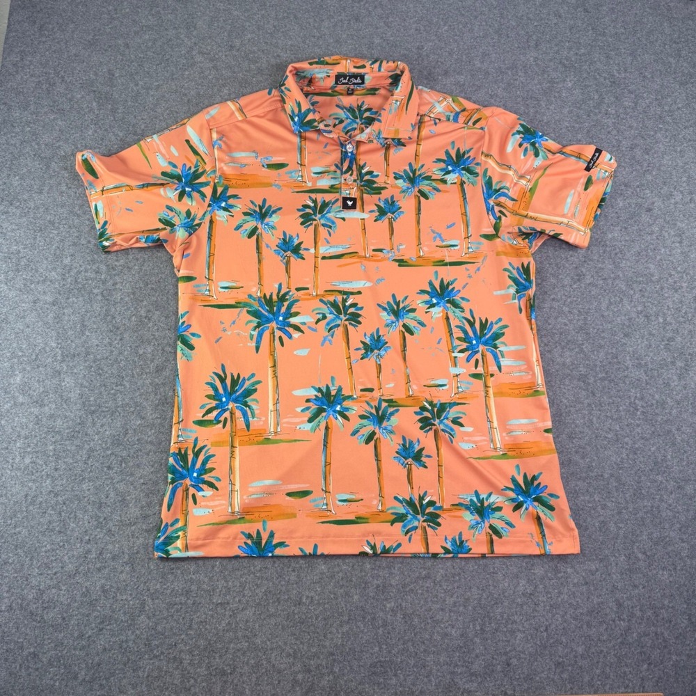 Bad Birdie Mens XL Orange Palm Tree Print Golf Polo Shirt Short Sleeve